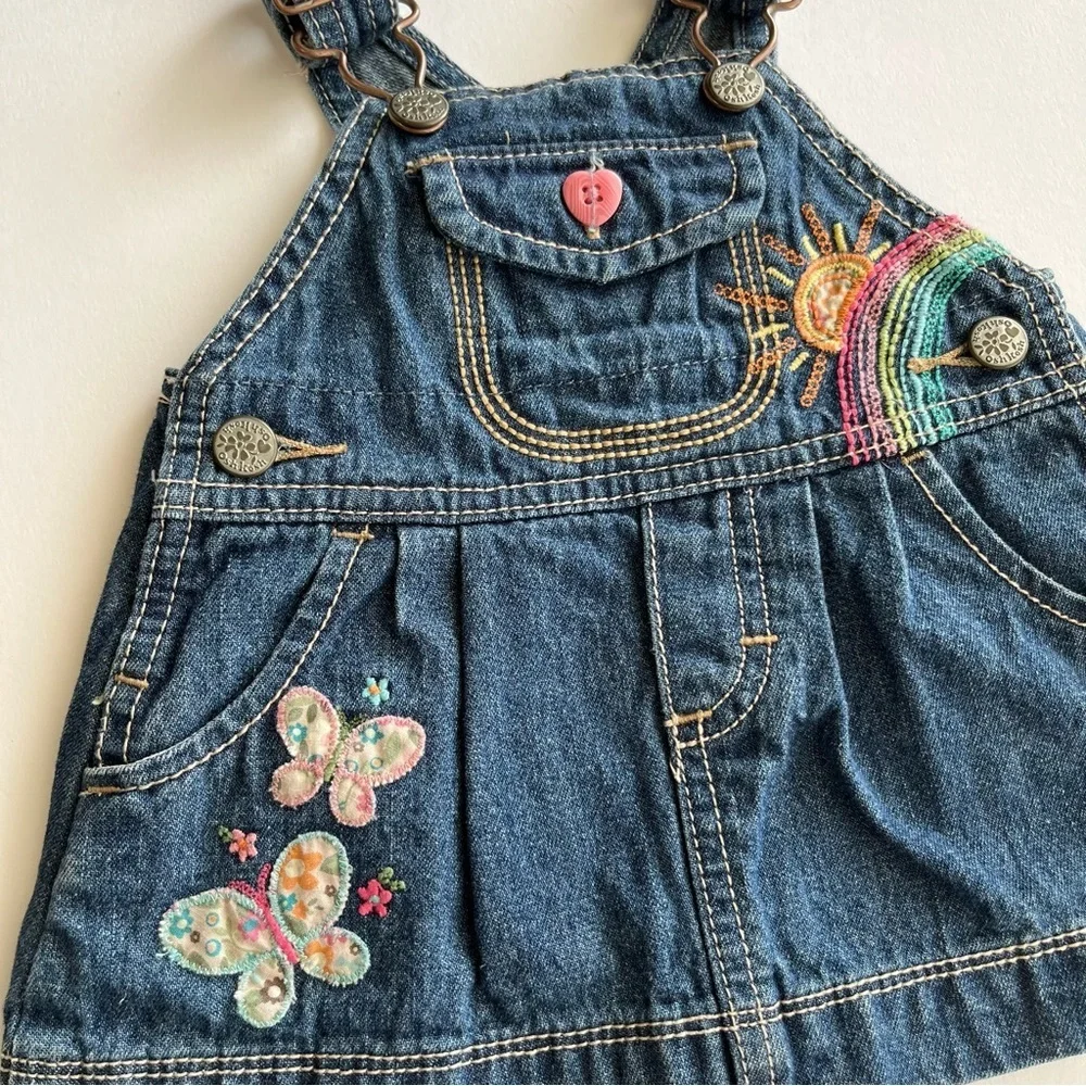 OshKosh B’Gosh Denim Overalls Dress Embroidered Rainbow Mushroom